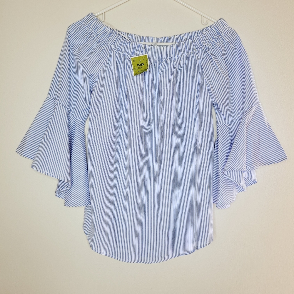 Women's Stripe Top Kontrol Contemporary Small Blue White Relaxed Flowy Nautical
